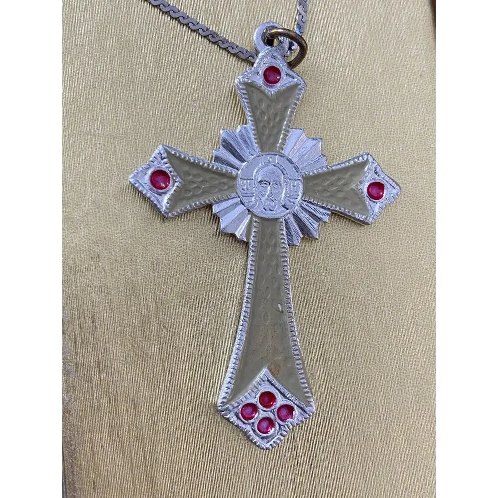 Russian Orthodox Cross Pendant Silvertone with Enameling Sterling Chain Stamped